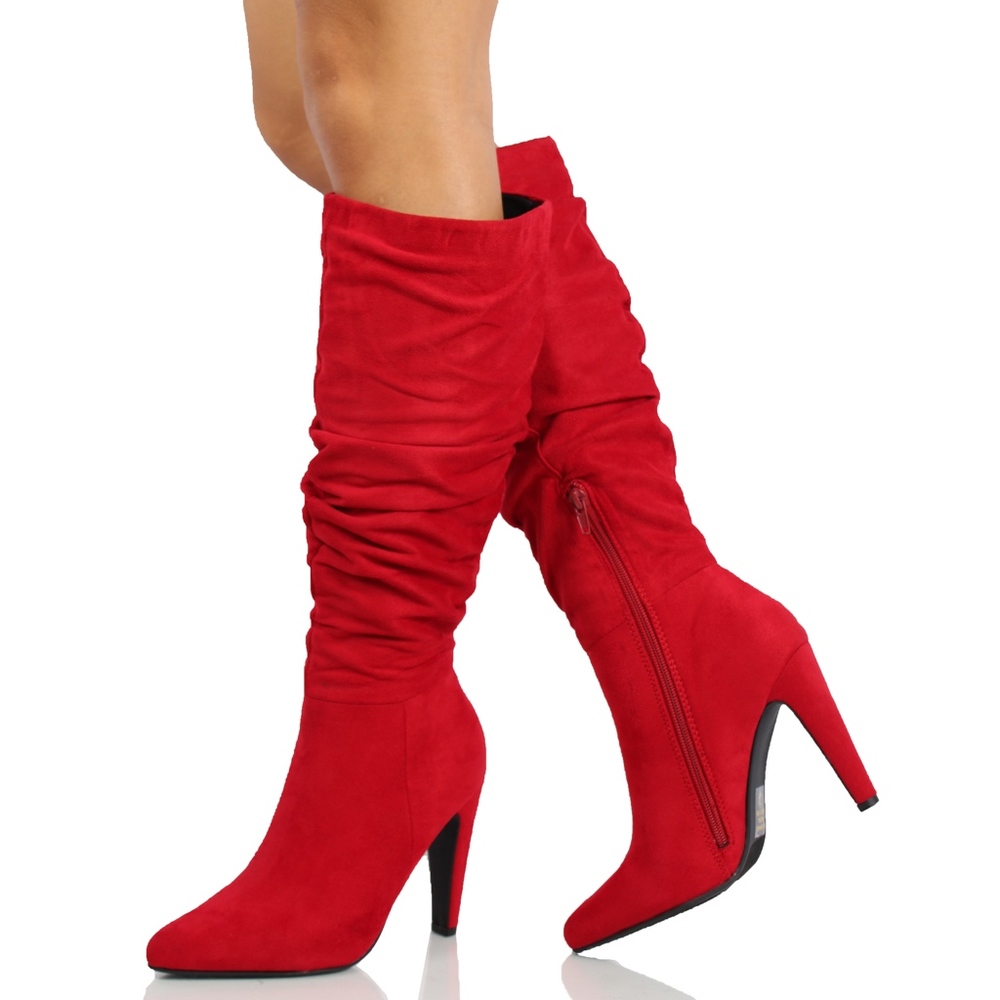 Red Faux Suede Slouchy Knee High Stiletto Boot - Picture 4 of 6